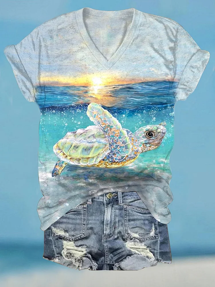 🔥Buy 3 Get 10% Off🔥Women's Hawaiian Just A Girl Who Loves Turtles Print  Casual T-Shirt
