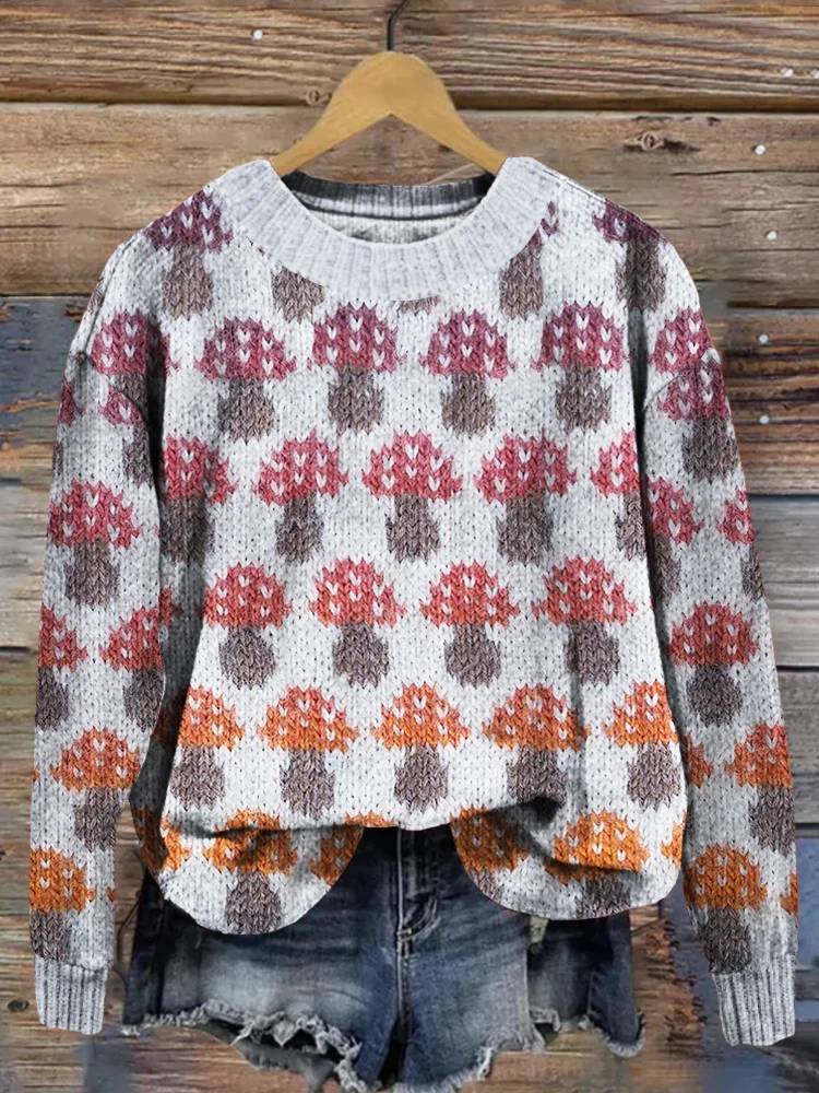 🔥kukelife🔥Cute Mushrooms Embroidery Art Pattern Cozy Sweater