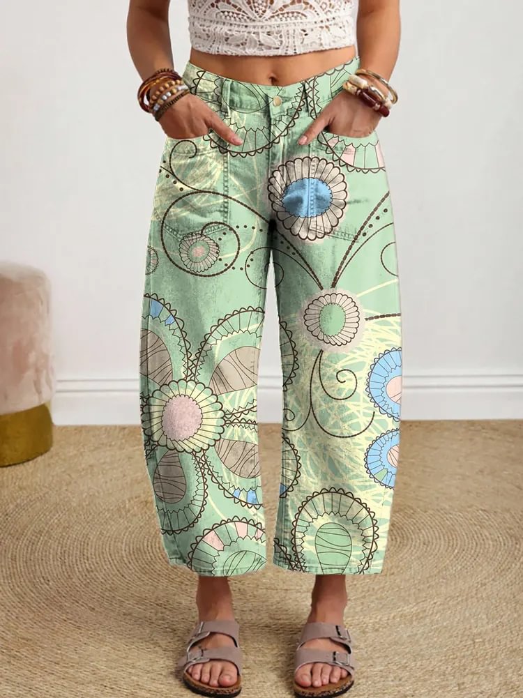 Ethnicity Geometry Flowers Light Green Women's Art Print Jeans