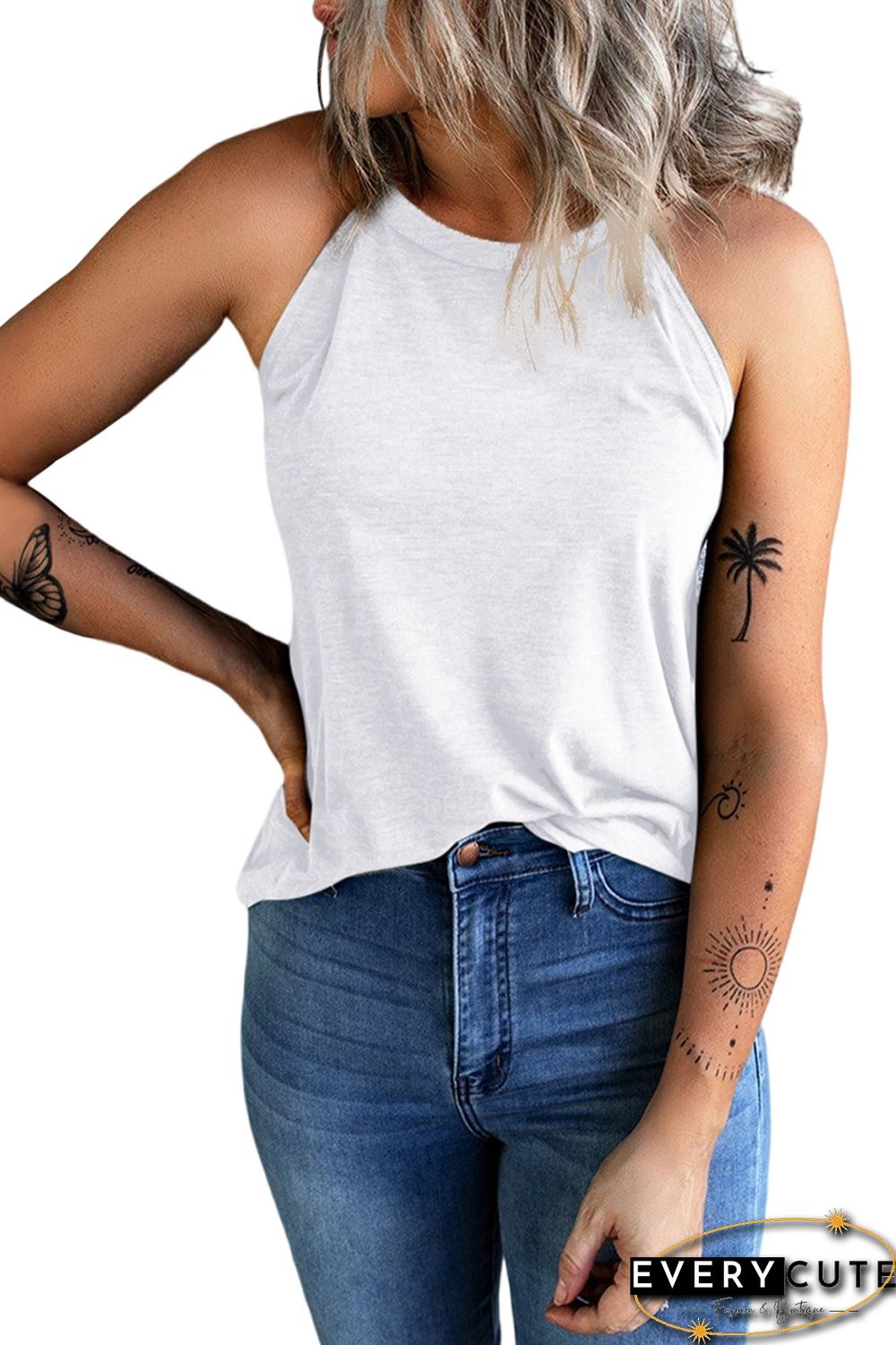 White Plain Halter Neck Tank Top
