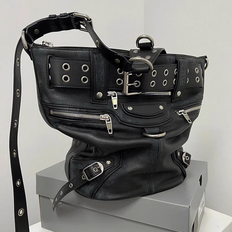 Gothic Dark Rivet Leather Crossbody Bag