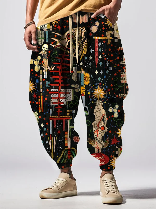 Men's Retro Graffiti Collage Geometric Human Body Abstract Art Loose Drawstring Waist Sweatpants