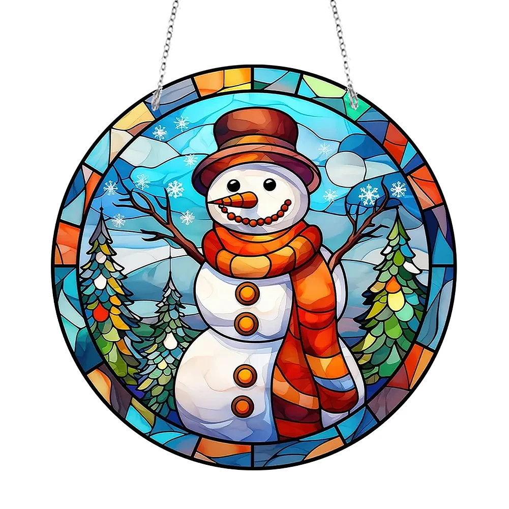 DIY Snowman Diamond Stained Glass Style Hanging Decoration Double Side Home Garden Decoration