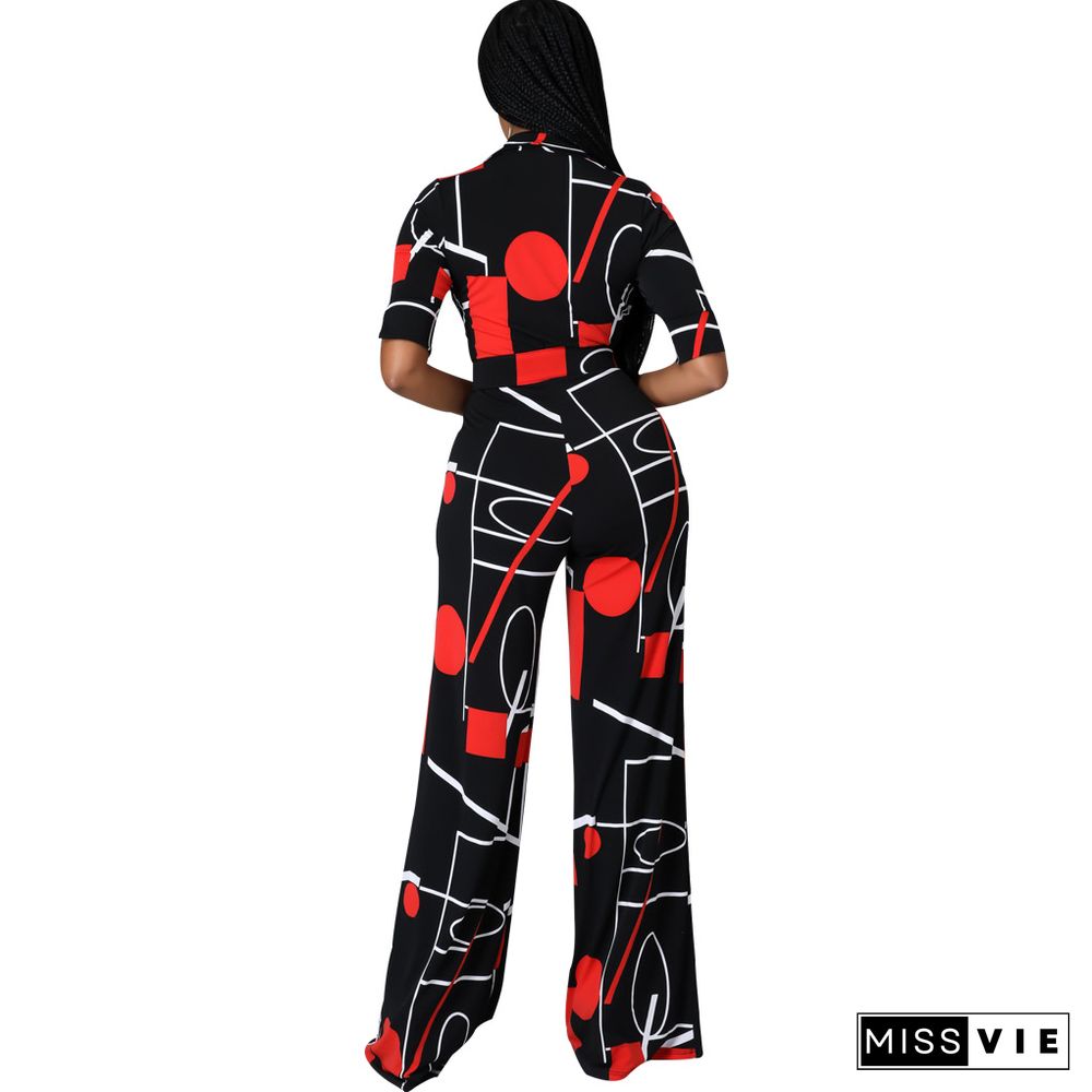 Digital Printed V-neck One Piece Jumpsuit