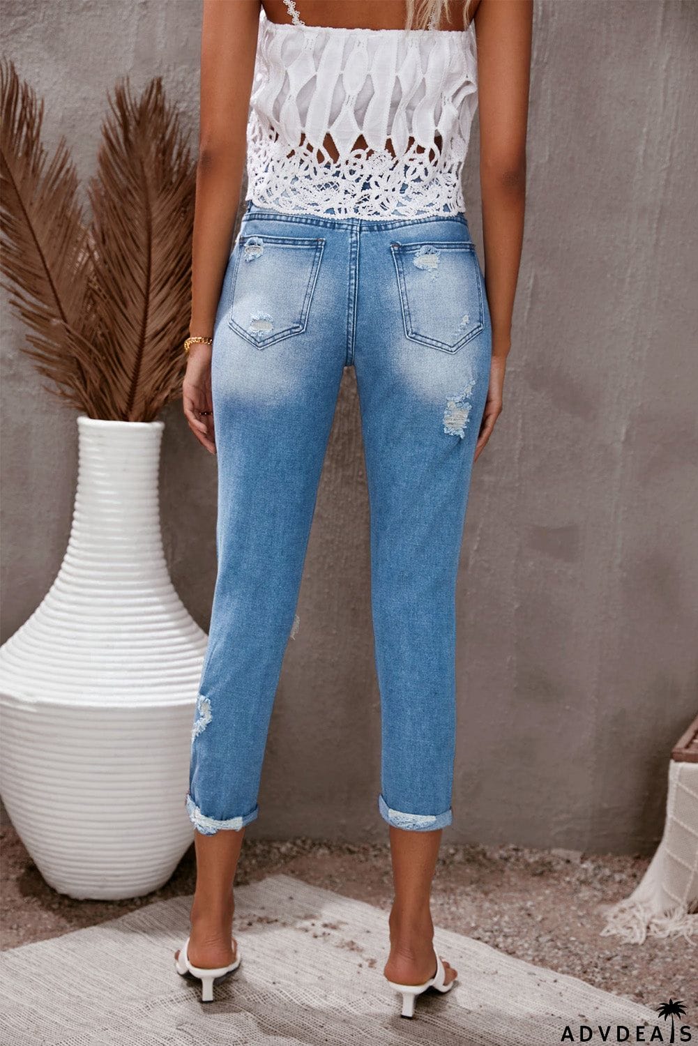 Light Blue Washed Ripped Straight Legs Jeans