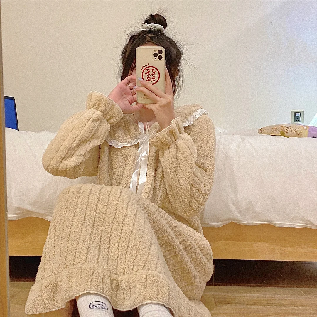 Autumn Winter Warm Flannel Women Pyjamas Sets Thick Coral Velvet Long Sleeve Cartoon Sleepwear Thin Flannel Pajamas Set