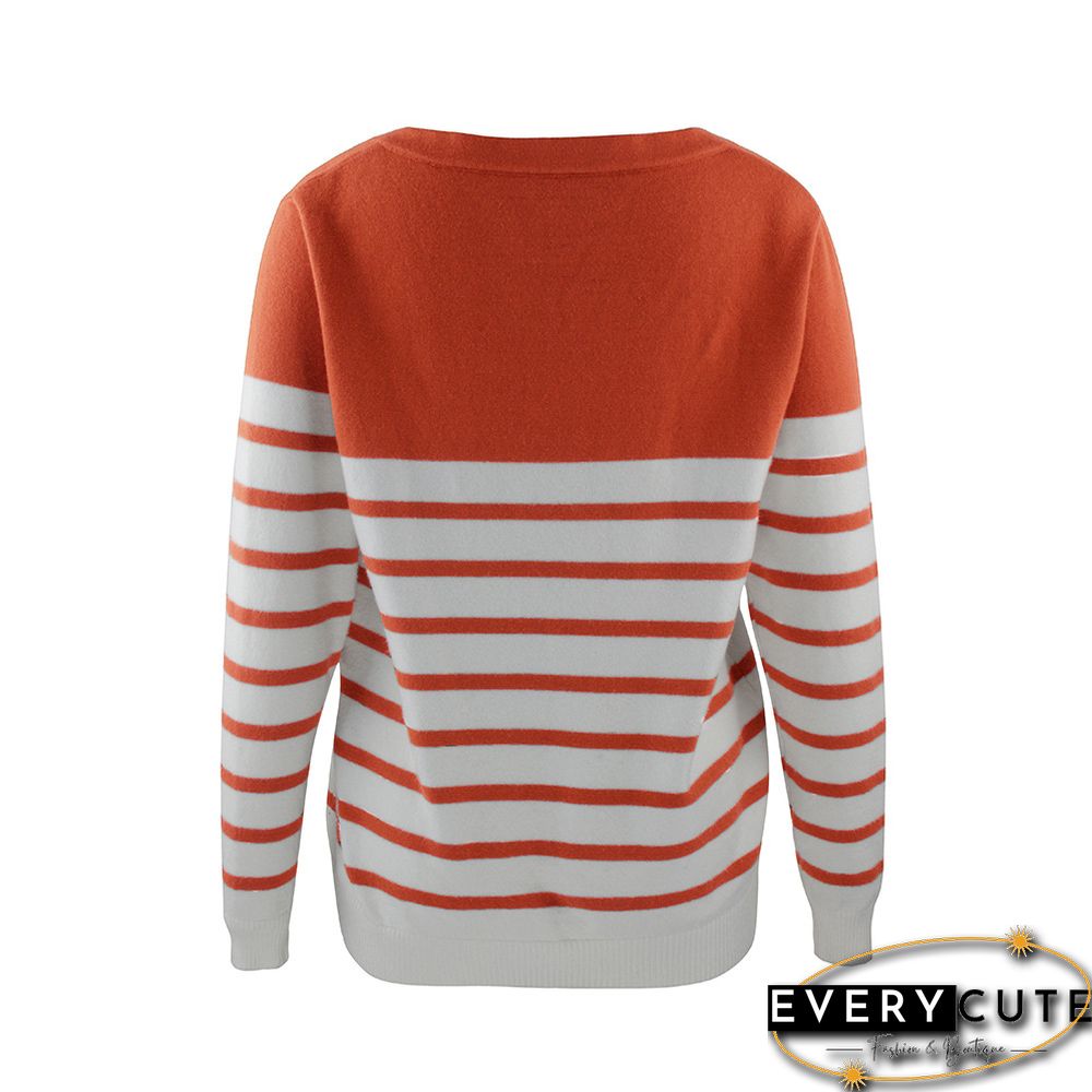 Orange Splice Stripe Print V Neck Sweater