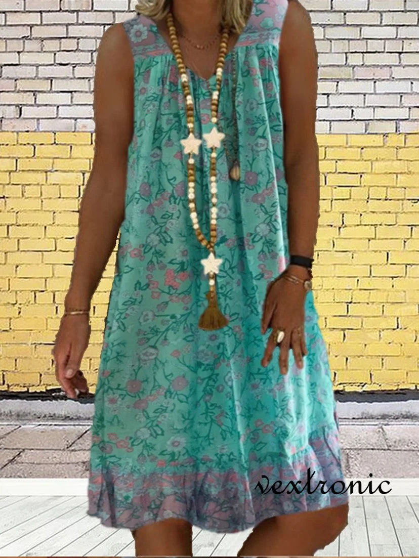 Women Sleeveless V-neck Print Midi Dress