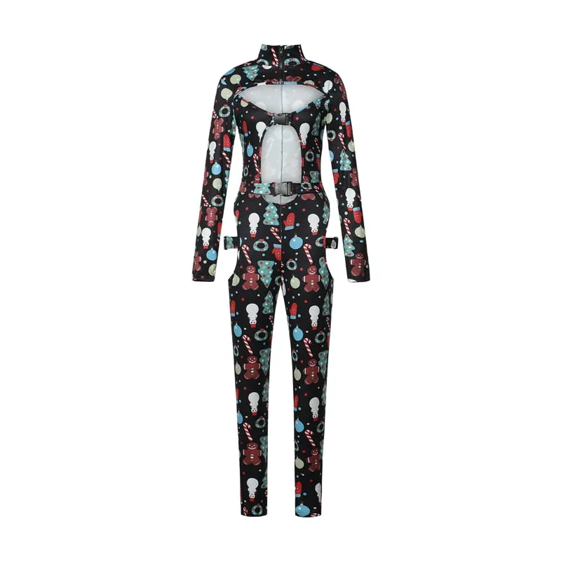 Sexy Women Bodycon Jumpsuit Solid Color Overalls Long Sleeves Rompers Bodysuits High Neck Hollow Out Buckle Biker Short Clubwear