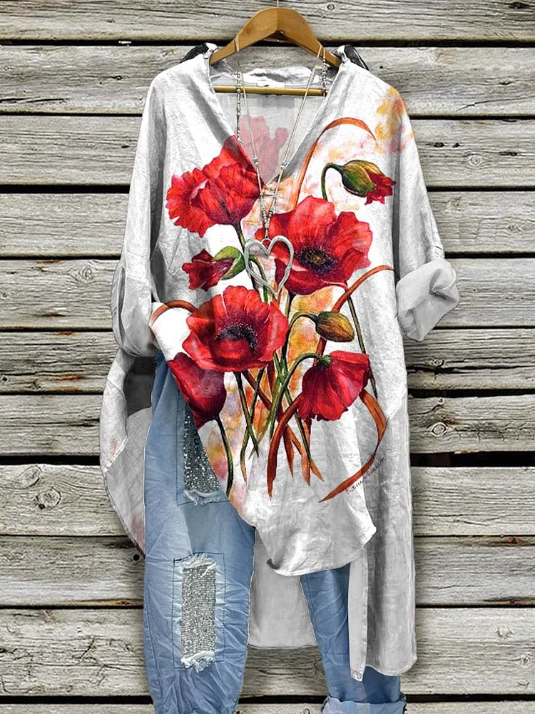 Women's Poppy Print Casual Cotton And Linen Shirtdress