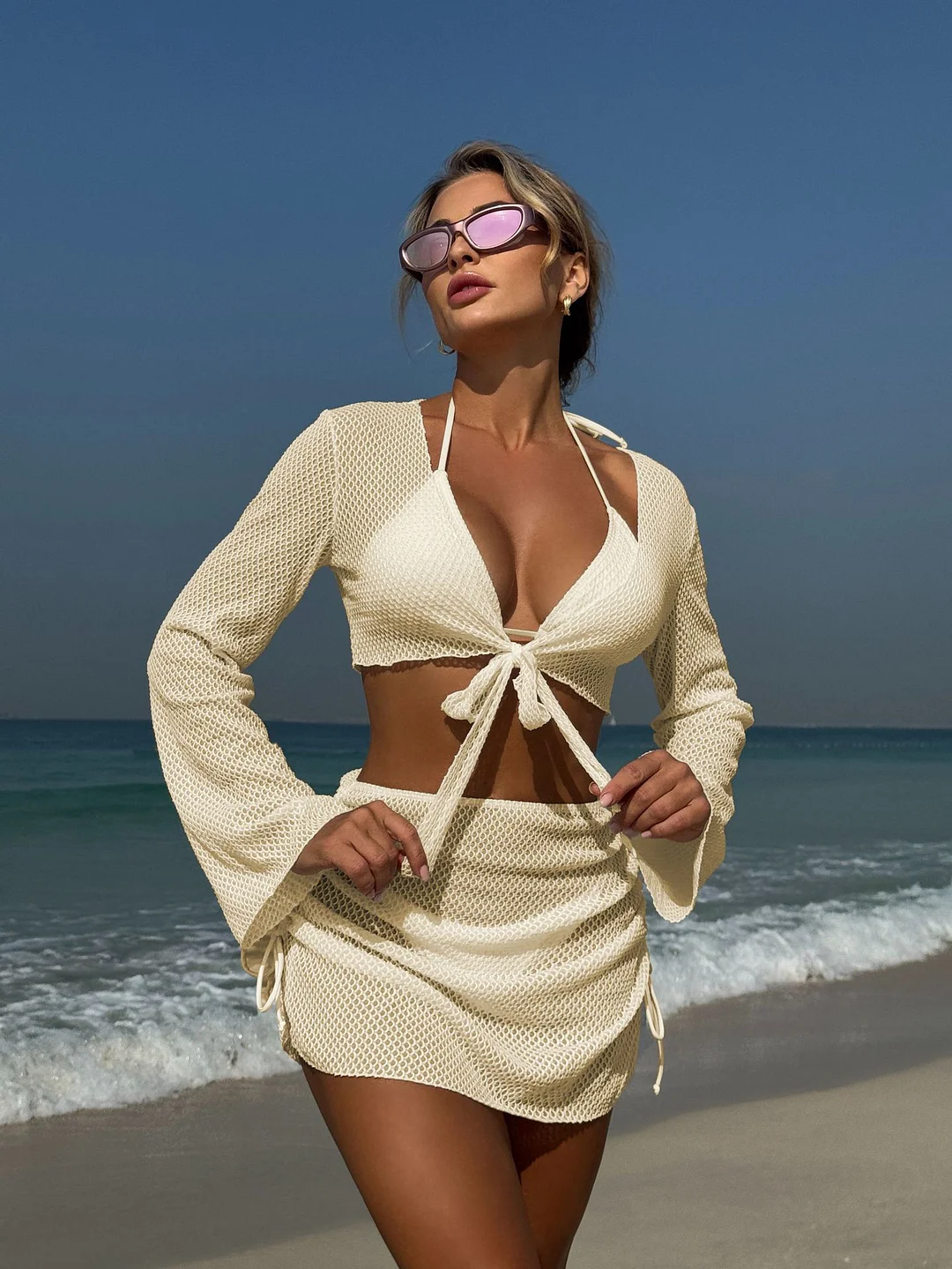 Churchf 2025 New Solid Color Sexy Summer New Beach Resort In Wind Four-Piece Split Swimsuit