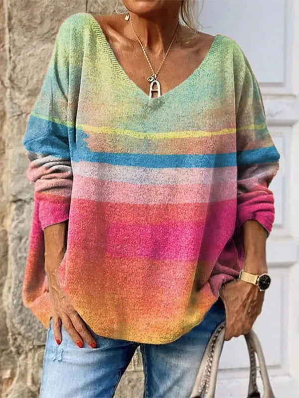 Women's Long Sleeve V-neck Graphic Printed Tops