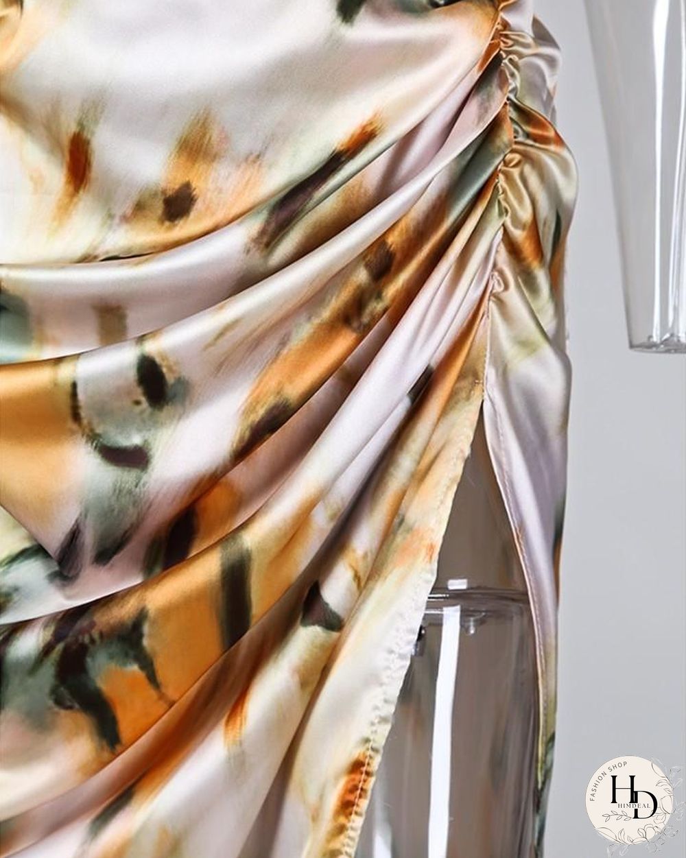 Abstract Print Spaghetti Strap High Slit Ruched Dress P10027