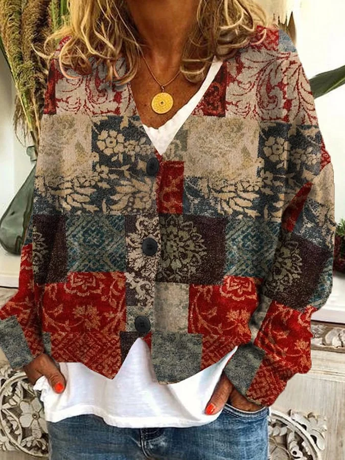 Vintage Check Print Casual Loose Button Flannel Cardigan