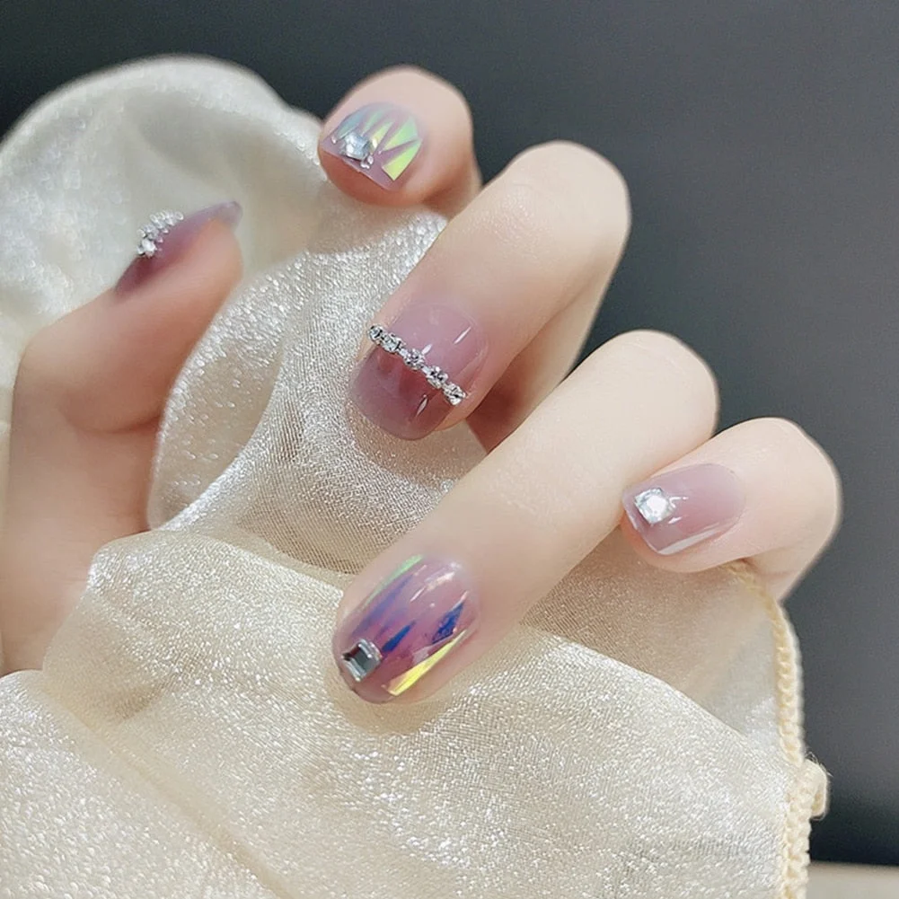 24 Pcs Nude Color nail tips Women Wearable  Fake press on Nails with Diamond Short Round Full Cover artificial nails with Glue-Nail Inspo