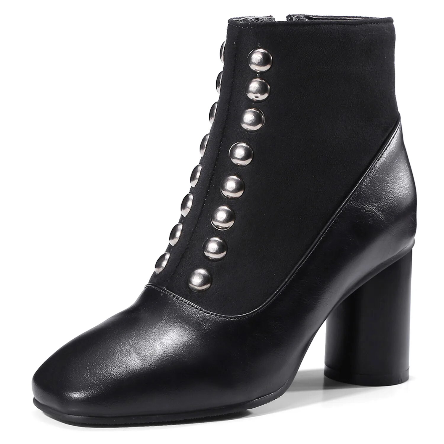 TAAFO Plus-size Black Studded Heels For Women With Round-toe Suede For Ladies Casual Shoes