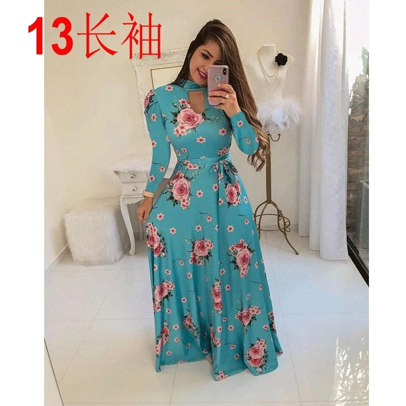 2021 Spring Autumn Bohemia Flower Print Women's Dress Cuasla Hollow Out Long Sleeve Maxi Dresses Fashion Tunic Party Dress Vesti