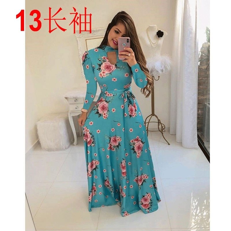2021 Spring Autumn Bohemia Flower Print Women's Dress Cuasla Hollow Out Long Sleeve Maxi Dresses Fashion Tunic Party Dress Vesti