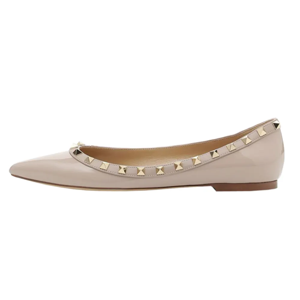 Pointed Toe Flats For Women Fashion Rivets Comfort Ballet Flats Apricot Shoes-vocosishoes