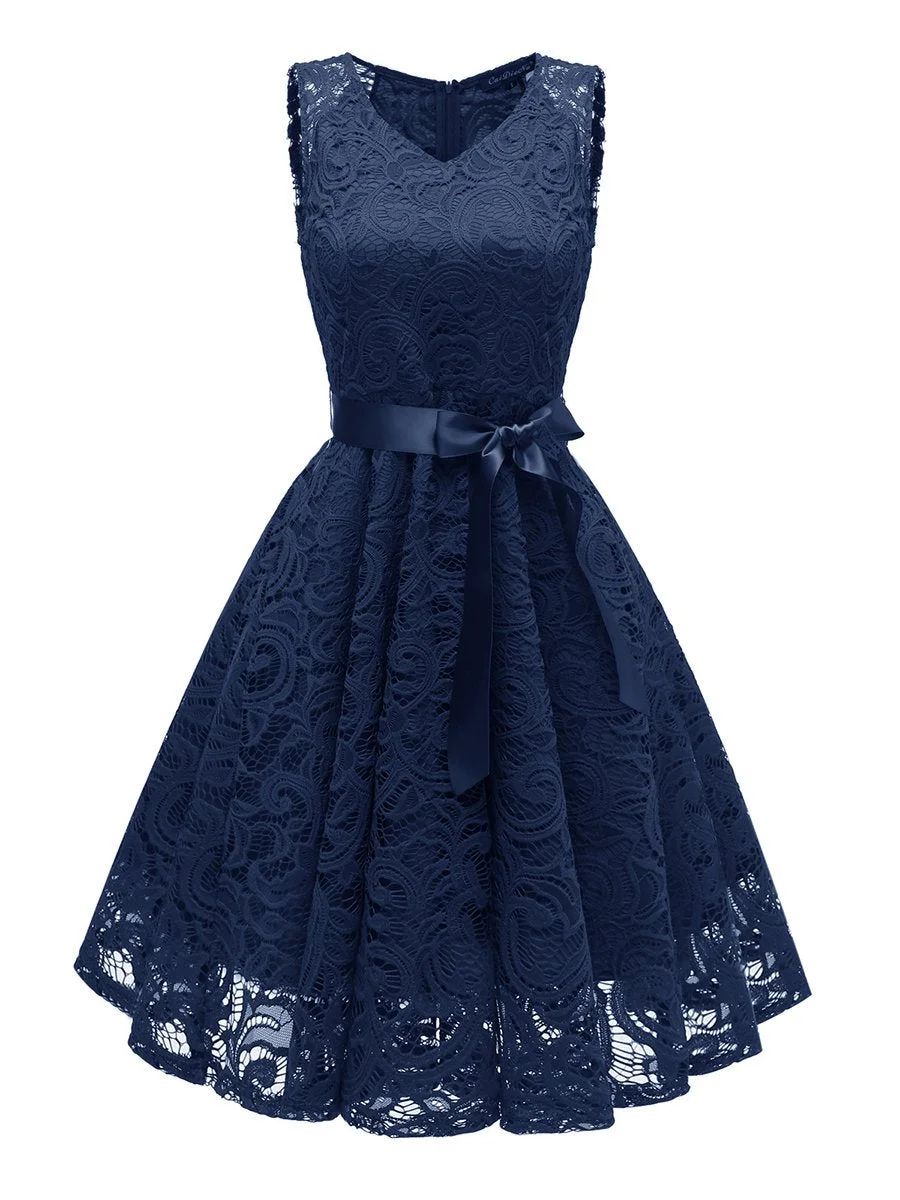 Elegant Lace Dress V Neck Sleeveless Midi Dress