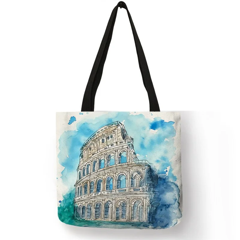 Watercolor Famous Building Painting Print Shoulder Bag For Lady Double Printing Women Handbags Shopping Bags Foldable  B13032