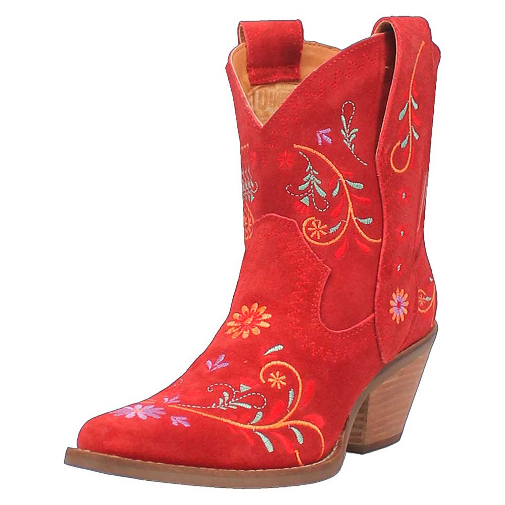 Red Vegan Suede Almond Toe Chunky Heel Embroidered Cowgirl Boots Nicepairs