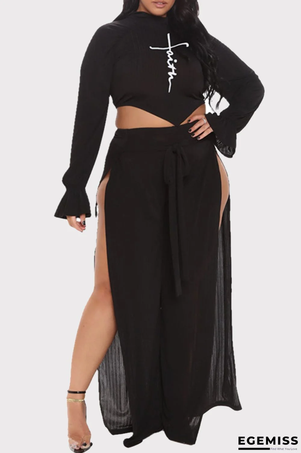 Black Sexy Casual Print Bandage Backless Slit Turtleneck Plus Size Two Pieces | EGEMISS