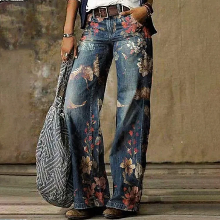 Boho Floral Pattern Hem Straight Leg Denim Jeans