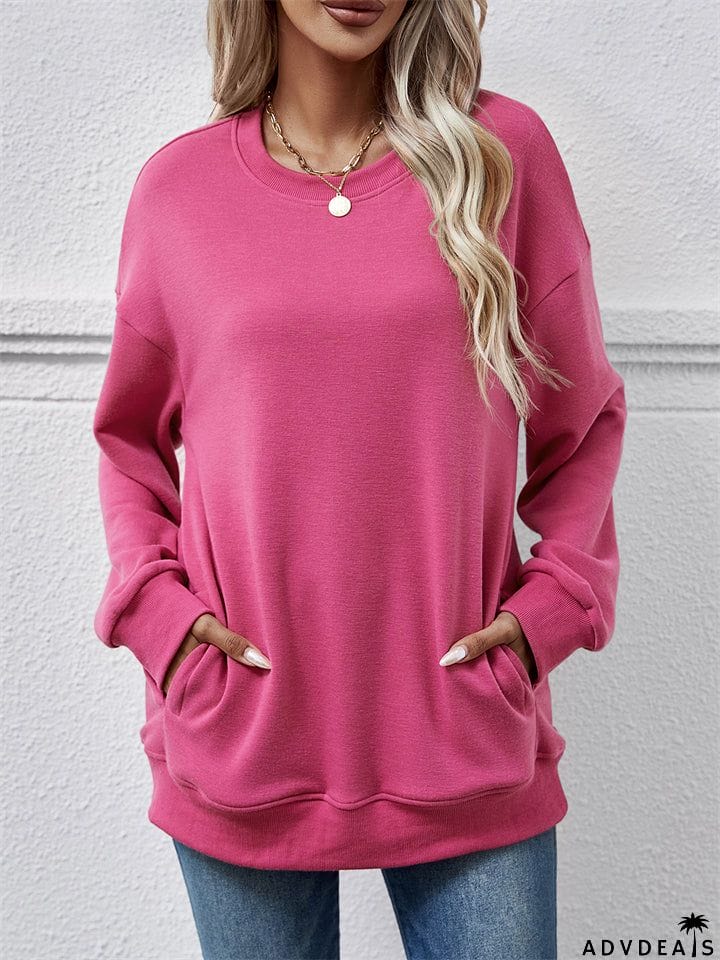 Women's Fleece Loose Round Neck Pocket Tops Hoodies