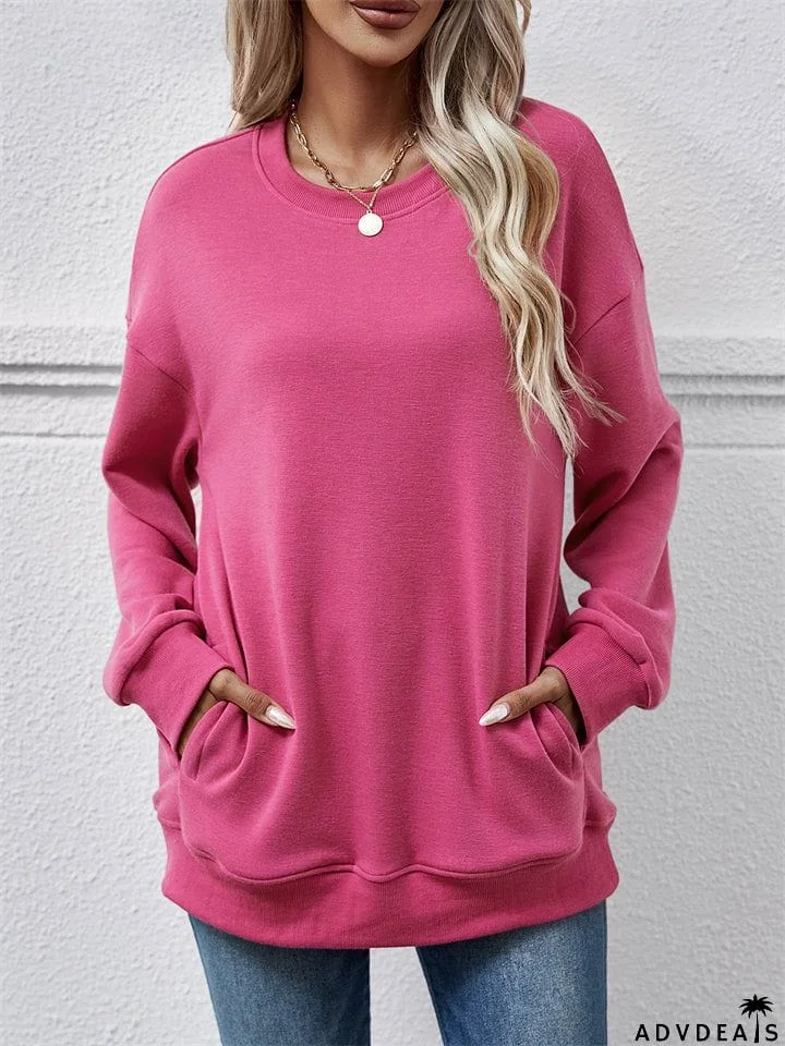 Women's Fleece Loose Round Neck Pocket Tops Hoodies