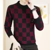 Men&lsquo;s Plaid Printed Half High Neck Thickened Pullover Sweater