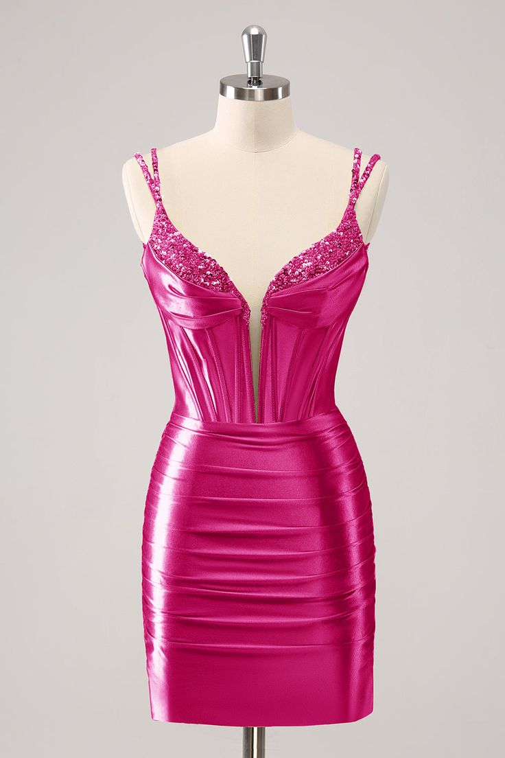 Shinning Fuchsia Satin Spaghtti Strap Sleeveless Homecoming Dress with Beadings