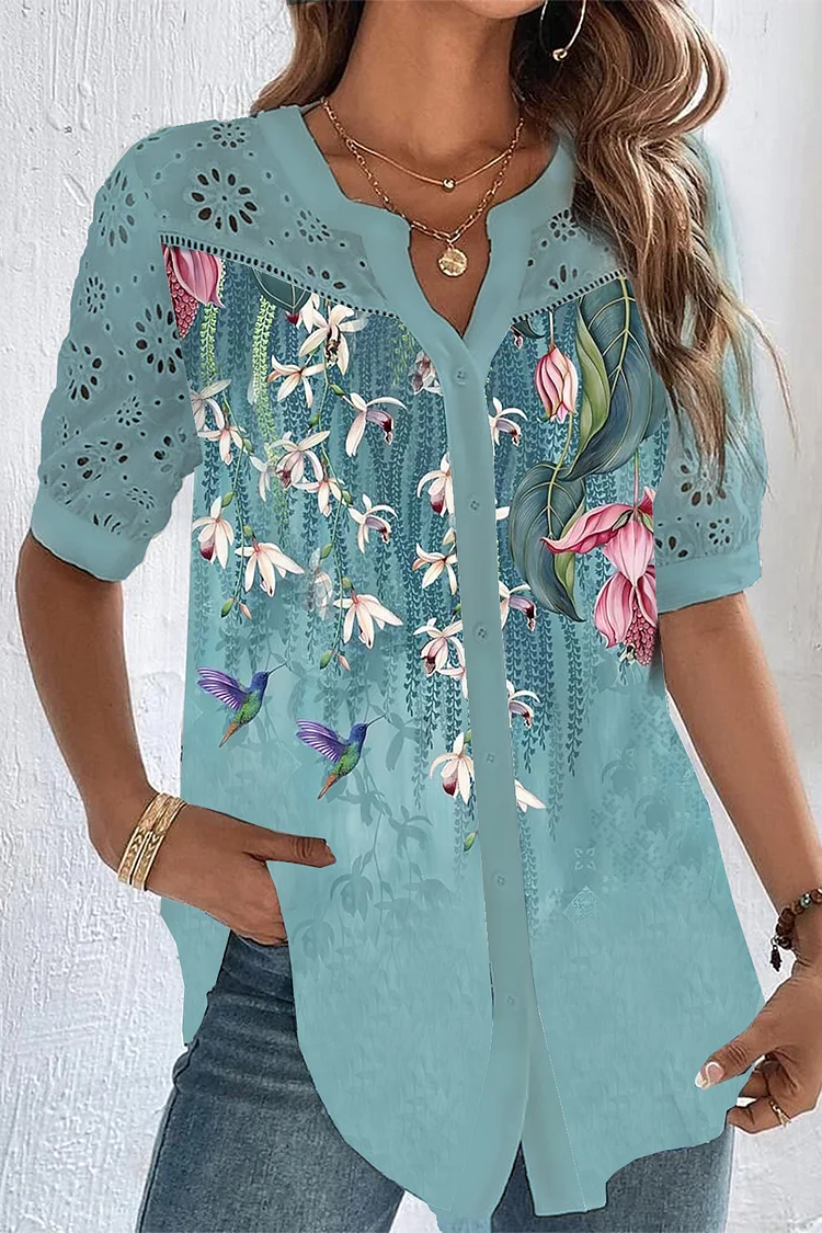 Flycurvy Plus Size Casual Turquoise Lace Stitching Floral Print Button Split Neck Blouse  Flycurvy [product_label]