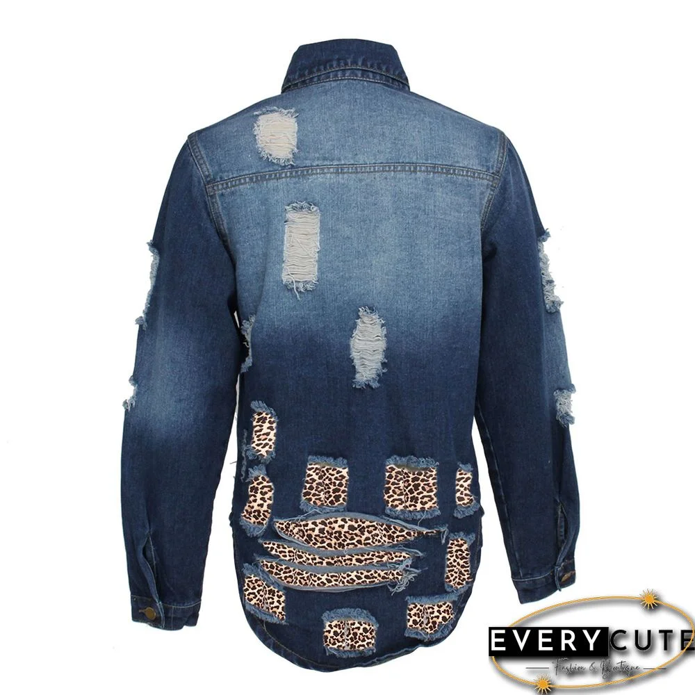 Navy Blue Spliced Leopard Patches Denim Jacket