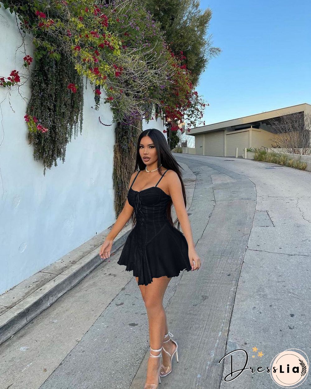 Women Sexy Solid Color Spaghetti Straps Eyelet Lace-Up Slim Fit Clubwear Denim A-Line Mini Dress