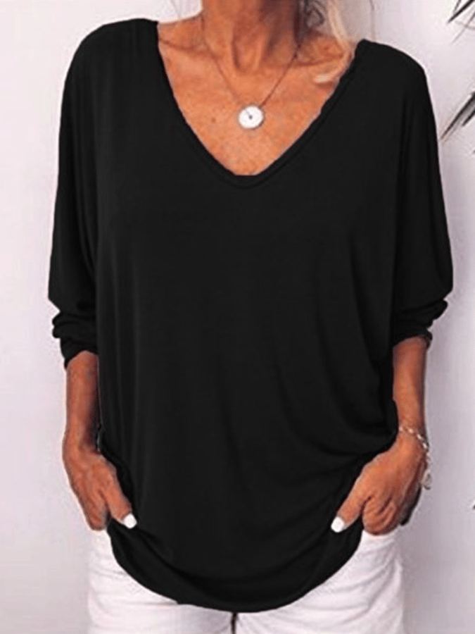 Women's Casual Pure Color Deep V-Neck Long Sleeve Tops