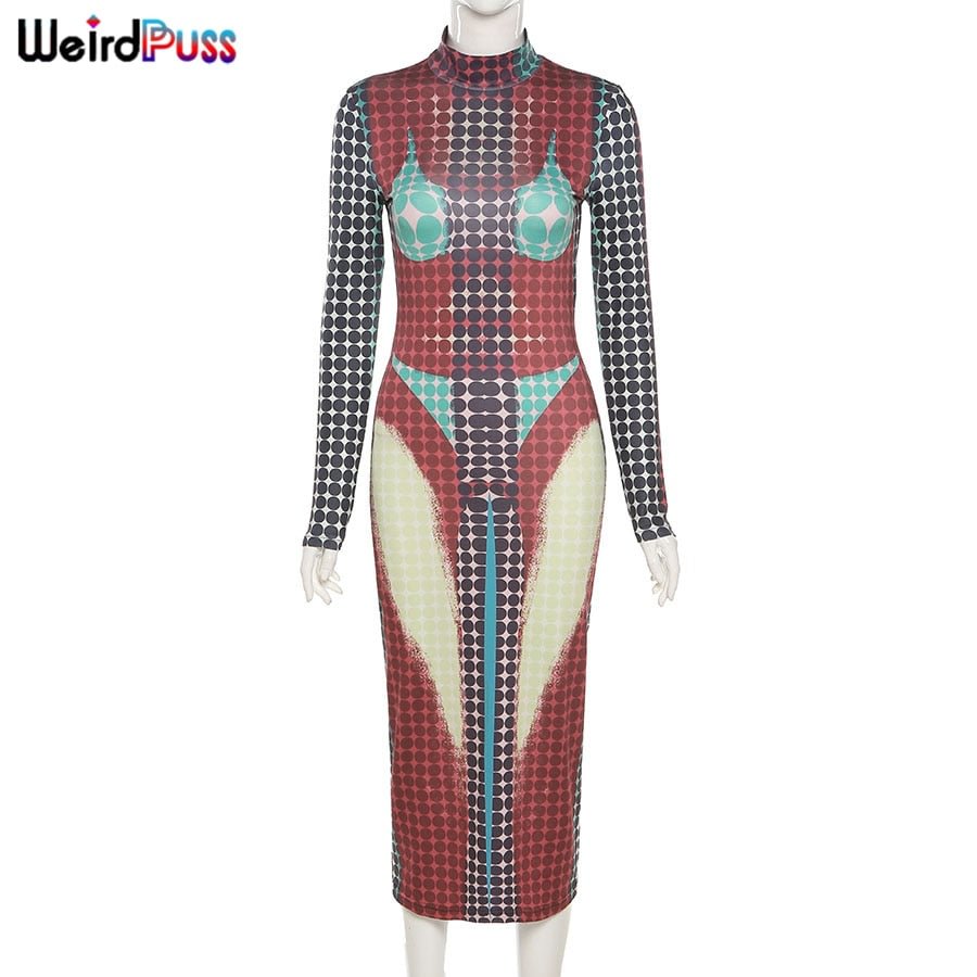 Weird Puss Contrast Trend Skinny Women Bodycon Long Sleeve Aesthetic Print Maxi Dress Turtleneck Fitness Stretchy Slim Clubwear