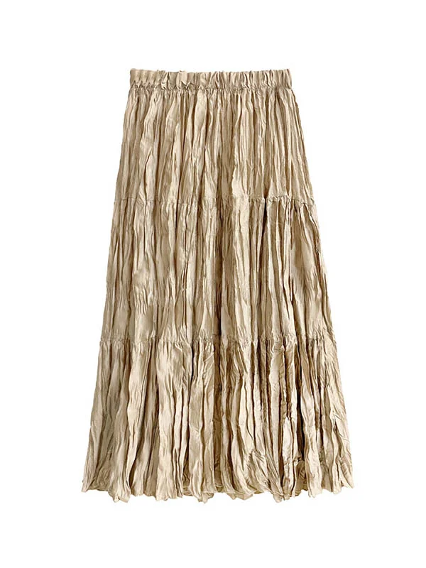 A-Line Loose Elasticity Pleated Solid Color Skirts