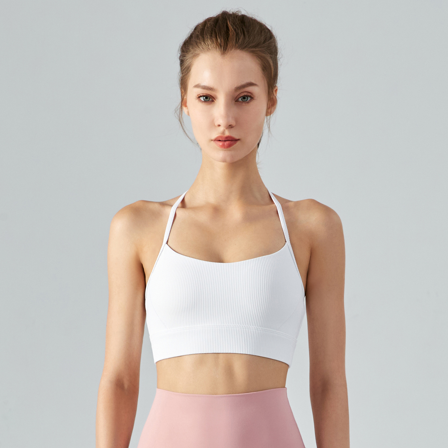 Hergymclothing White shock absorber backless high impact soft comfortable skin friendly stretchy padded yoga bra for sale