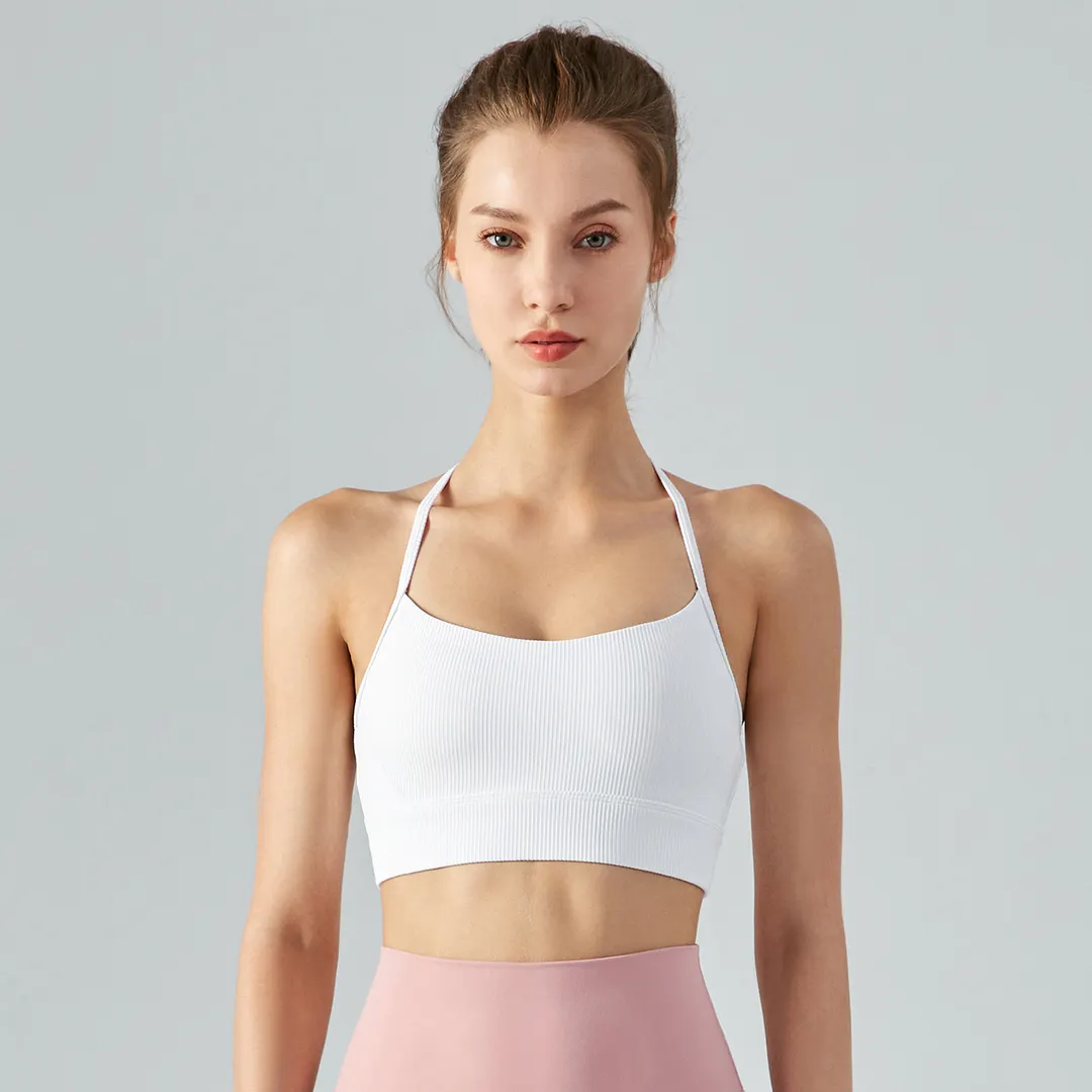 Hergymclothing White shock absorber backless high impact soft comfortable skin friendly stretchy padded yoga bra for sale