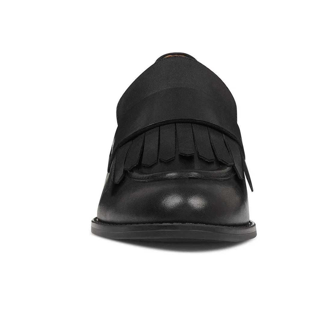 YDN Vegan Leather Round Toe Fringe Inlay Women's Loafers in Black