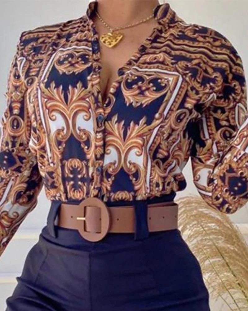 Casual Two Piece Printed Long Sleeve Shirt & Solid Shorts