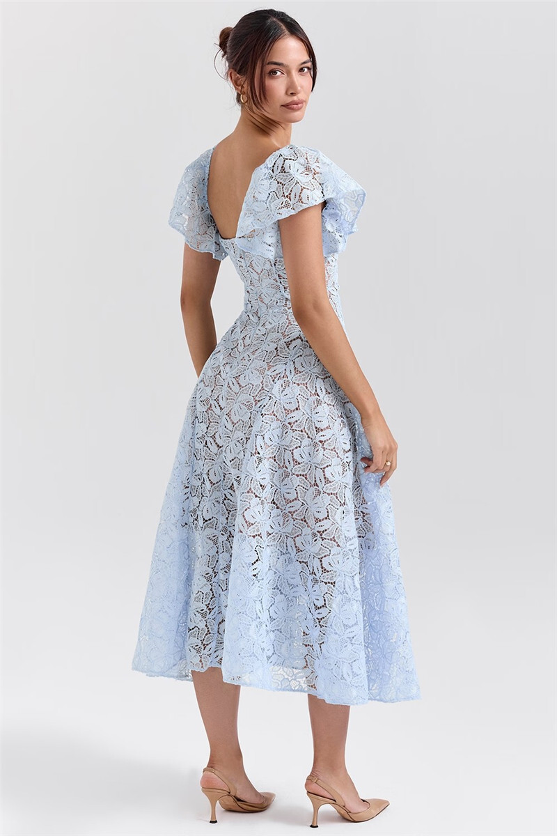 Ootddress Blue Floral Lace Sexy Midi Dress Women Elegant Square Collar Short Sleeve Backless High Waist Loose Club Party Dress