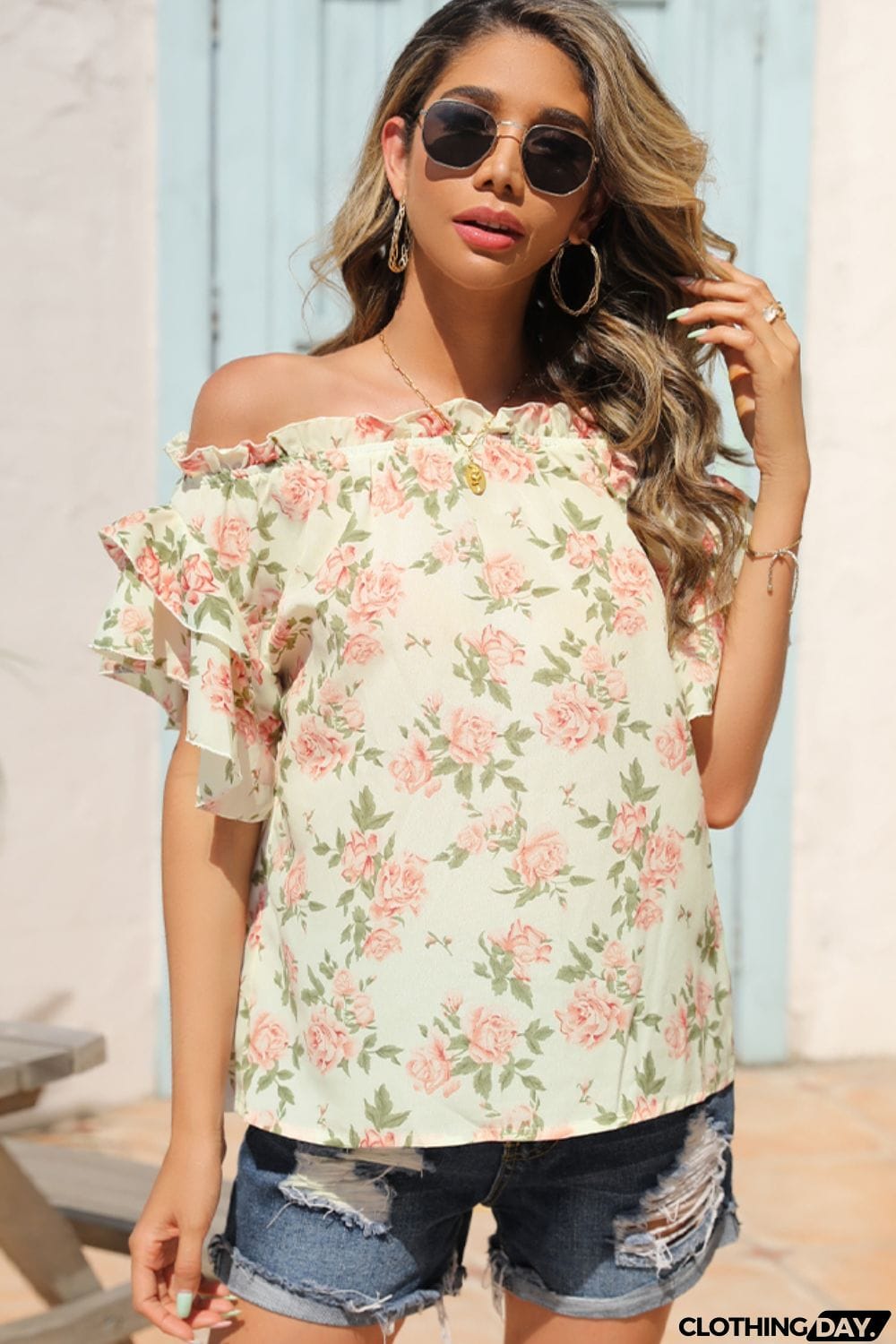 Floral Frill Trim Off-Shoulder Blouse