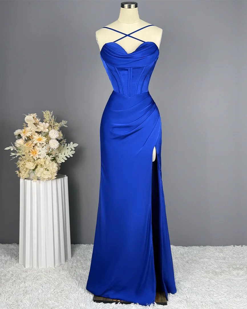 Daisda Elegant Royal Blue Split Stain Sleeveless Prom Dress