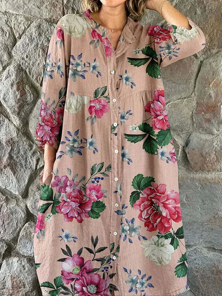 Women's Elegant Vintage Floral Print Shirt Style Cotton and Linen Dress