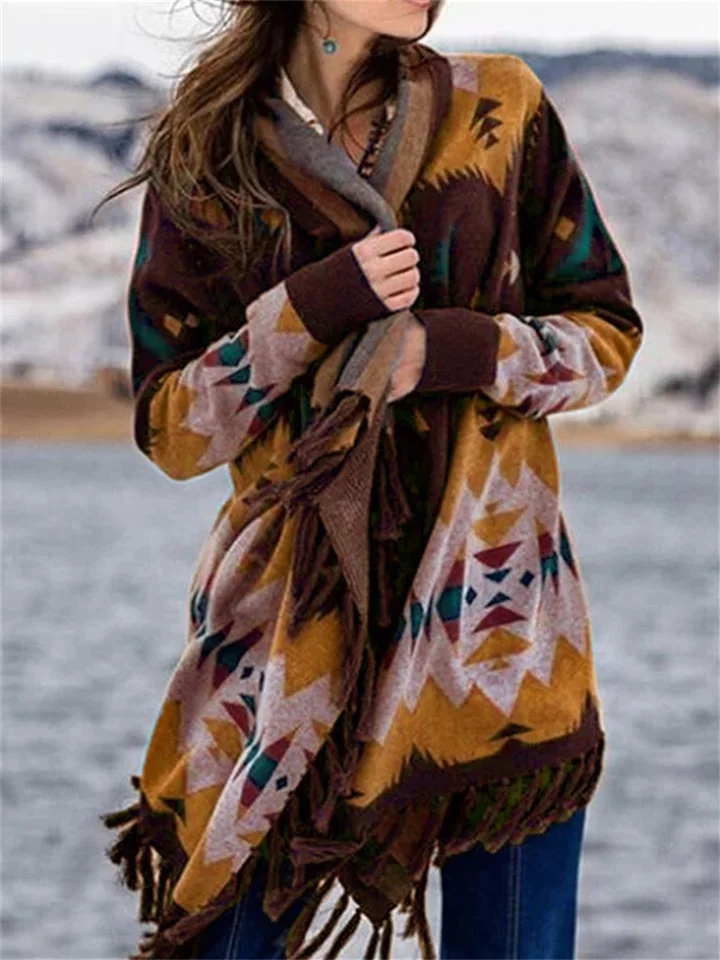 Printed Fringed Fashionable Casual Cardigan Coat