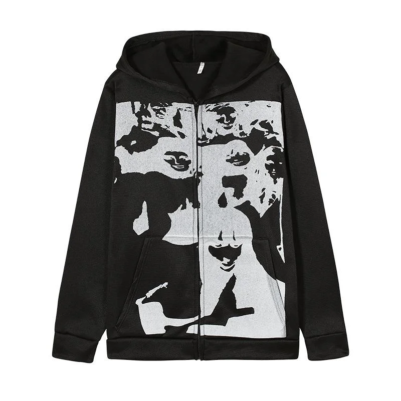 Y2k Fashion Zipper Hoodie Gothic Floral Hip Hop Sweatshirts