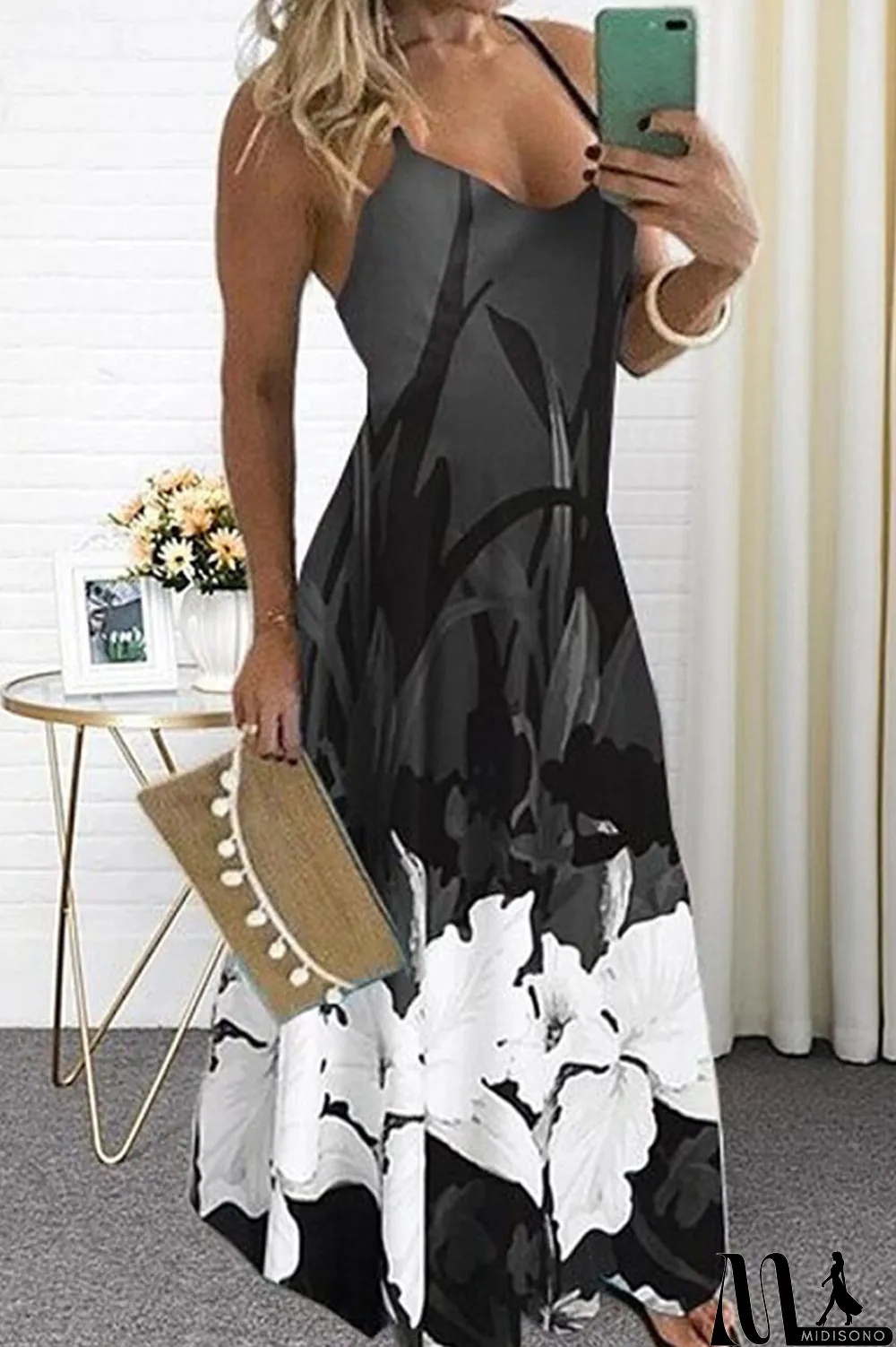 MidiSono - Deep Blue Casual Print Patchwork Spaghetti Strap Sling Dress Dresses