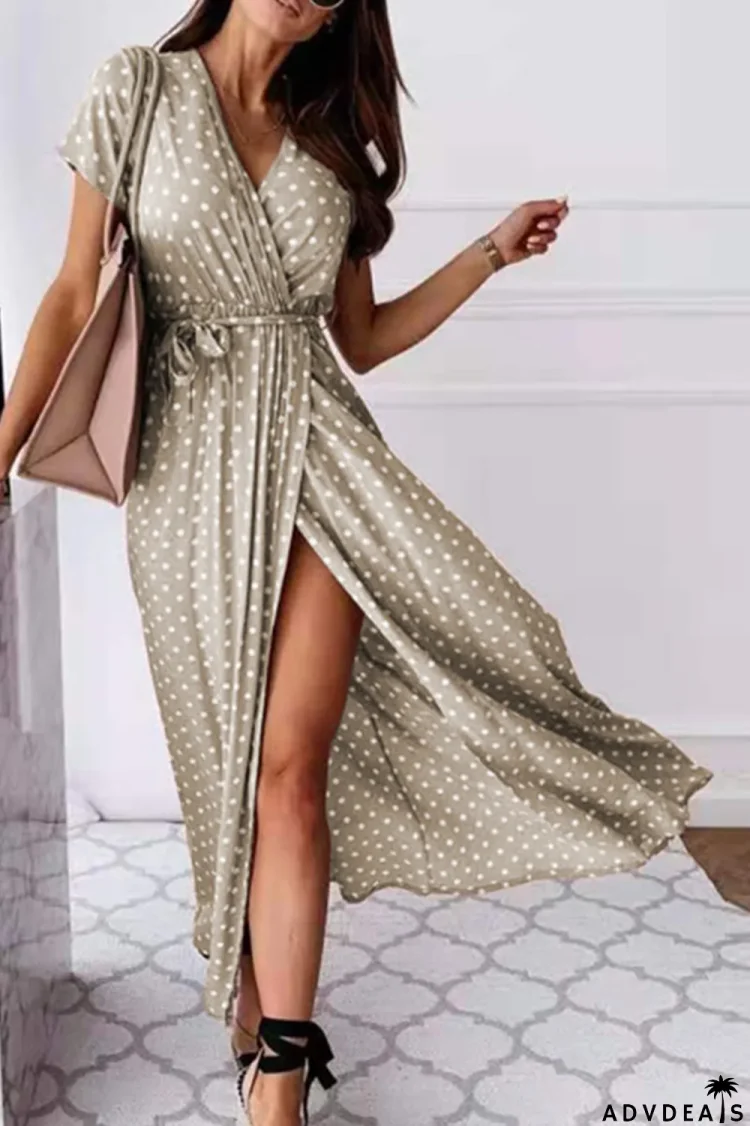 Fashion Elegant Polka Dot Frenulum Slit V Neck A Line Dresses(4 Colors)